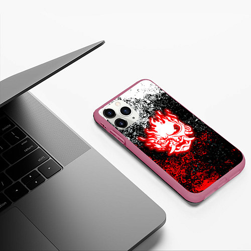 Чехол iPhone 11 Pro матовый Cyberpunk брызги красок / 3D-Малиновый – фото 3