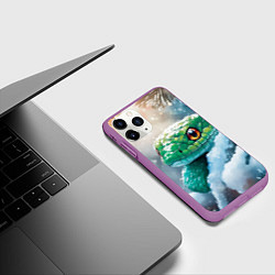 Чехол iPhone 11 Pro матовый Зеленая змейка на заснеженной ветке, цвет: 3D-фиолетовый — фото 2