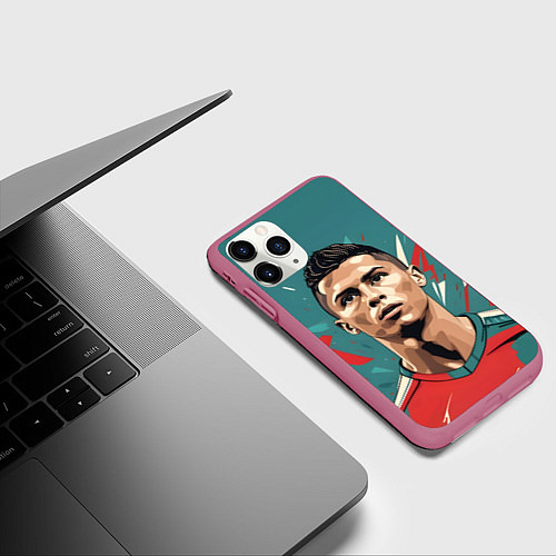 Чехол iPhone 11 Pro матовый Футболист Рональдо / 3D-Малиновый – фото 3