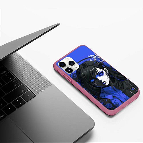 Чехол iPhone 11 Pro матовый Девушка в стиле аниме в куртке на голубом фоне / 3D-Малиновый – фото 3