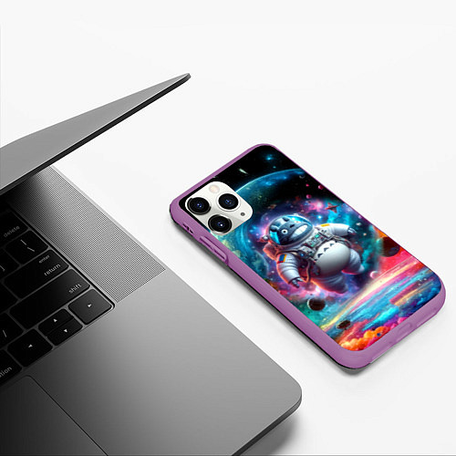 Чехол iPhone 11 Pro матовый Astronaut Totoro in neon space - ai art fantasy / 3D-Фиолетовый – фото 3