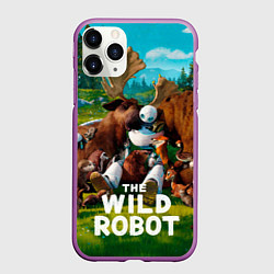 Чехол iPhone 11 Pro матовый Дикий робот в объятиях друзей, цвет: 3D-фиолетовый