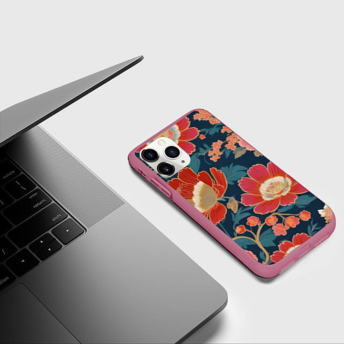 Чехол iPhone 11 Pro матовый Искусство алые цветы / 3D-Малиновый – фото 3