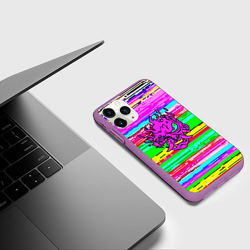 Чехол iPhone 11 Pro матовый Cyberpunk 2077 радужные полосы / 3D-Фиолетовый – фото 3