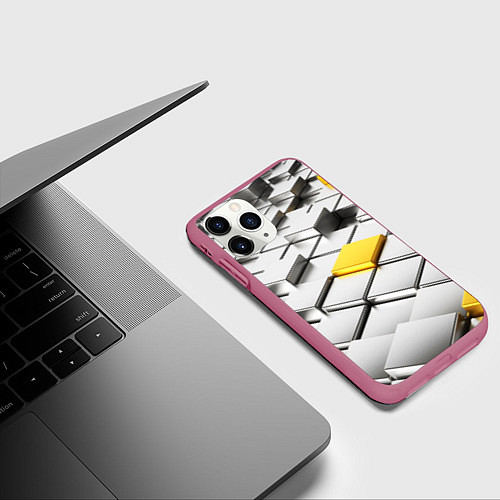 Чехол iPhone 11 Pro матовый Оптические кубы текстура / 3D-Малиновый – фото 3