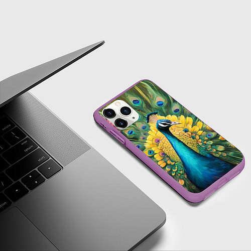 Чехол iPhone 11 Pro матовый Павлин, ананасы и пальмовые ветви / 3D-Фиолетовый – фото 3