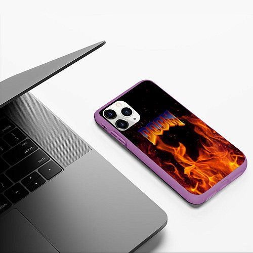 Чехол iPhone 11 Pro матовый Doom fire steel logo / 3D-Фиолетовый – фото 3