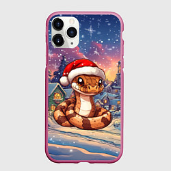 Чехол iPhone 11 Pro матовый Новогодняя змейка в праздничном городе, цвет: 3D-малиновый