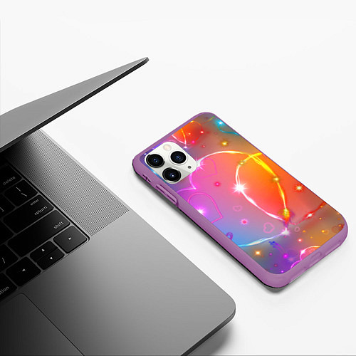 Чехол iPhone 11 Pro матовый Неоновые сердца со звездочками / 3D-Фиолетовый – фото 3