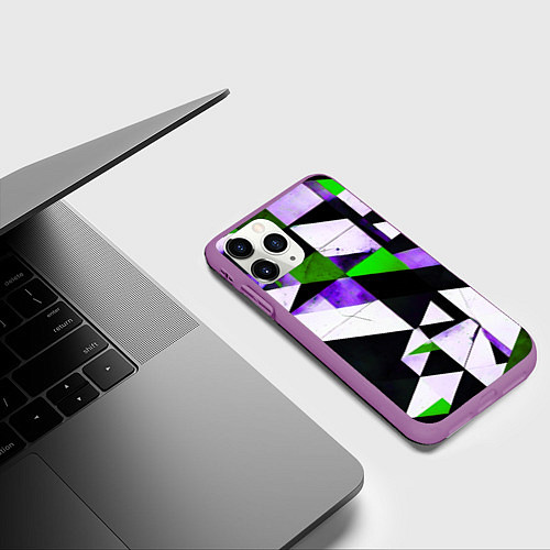 Чехол iPhone 11 Pro матовый Зелёно-фиолетовая абстракция на чёрно-белом фоне / 3D-Фиолетовый – фото 3