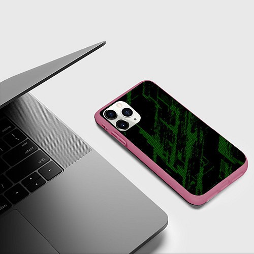 Чехол iPhone 11 Pro матовый Зелёные точки на чёрном фоне / 3D-Малиновый – фото 3