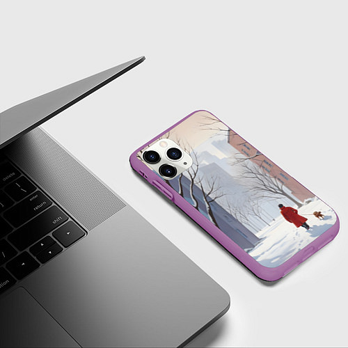 Чехол iPhone 11 Pro матовый Прогулка зима / 3D-Фиолетовый – фото 3