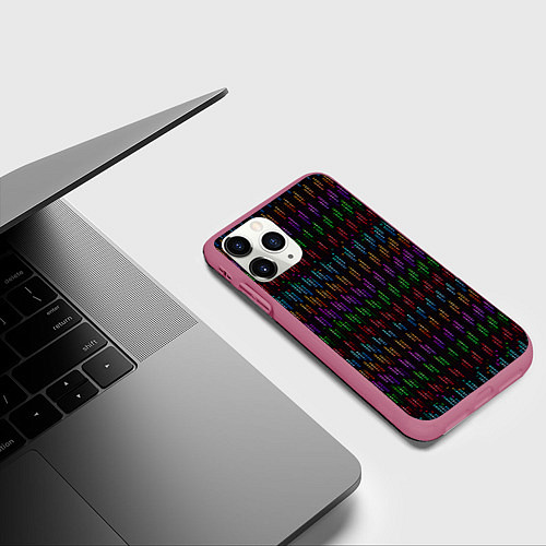 Чехол iPhone 11 Pro матовый Разноцветные точки на чёрном фоне / 3D-Малиновый – фото 3
