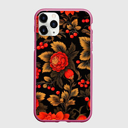 Чехол iPhone 11 Pro матовый Русская хохлома, цветы, паттерн, цвет: 3D-малиновый