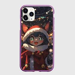 Чехол iPhone 11 Pro матовый Новогодняя кошка девушка у елки, цвет: 3D-фиолетовый