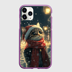 Чехол iPhone 11 Pro матовый Котик на новогодней улице, цвет: 3D-фиолетовый