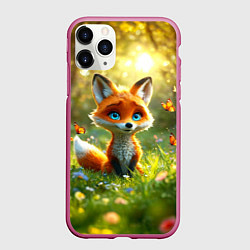 Чехол iPhone 11 Pro матовый Рыжая лисичка и бабочки, цвет: 3D-малиновый