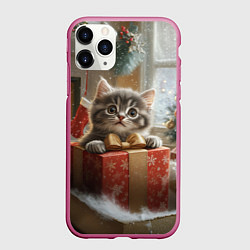 Чехол iPhone 11 Pro матовый Новогодний котенок и подарок, цвет: 3D-малиновый