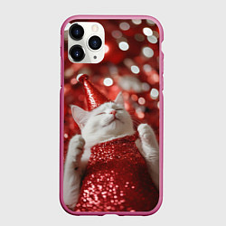 Чехол iPhone 11 Pro матовый Новогодняя довольная кошка, цвет: 3D-малиновый