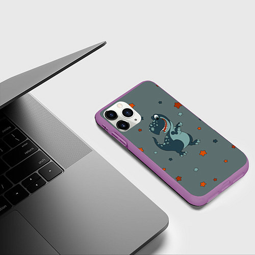 Чехол iPhone 11 Pro матовый Смешной динозавр и звезды / 3D-Фиолетовый – фото 3