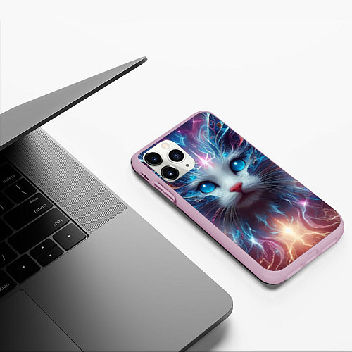 Чехол iPhone 11 Pro матовый Fantastic blue-eyed neon kitten / 3D-Розовый – фото 3