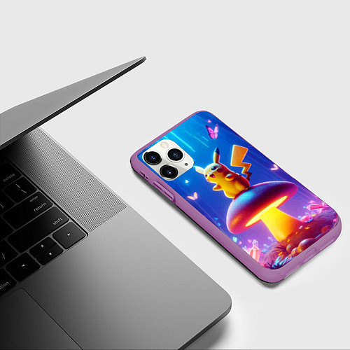 Чехол iPhone 11 Pro матовый Пикачу на грибе в сказочном лесу - фантазия / 3D-Фиолетовый – фото 3