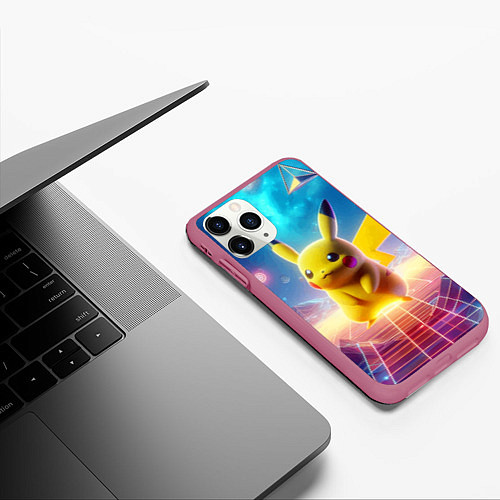 Чехол iPhone 11 Pro матовый Funny Pikachu - vaporwave / 3D-Малиновый – фото 3