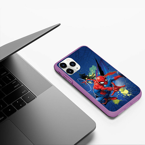 Чехол iPhone 11 Pro матовый Spider-man with a spider web / 3D-Фиолетовый – фото 3