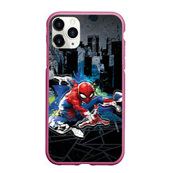 Чехол iPhone 11 Pro матовый Spider-man over the city, цвет: 3D-малиновый