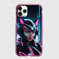 Чехол iPhone 11 Pro матовый Неон кибер девушка, цвет: 3D-малиновый