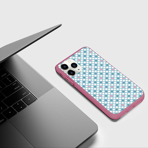 Чехол iPhone 11 Pro матовый Белый голубой горошек / 3D-Малиновый – фото 3