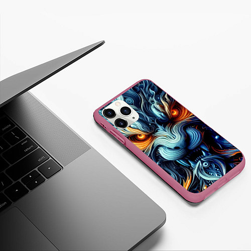 Чехол iPhone 11 Pro матовый Морда свирепого льва - ирезуми / 3D-Малиновый – фото 3