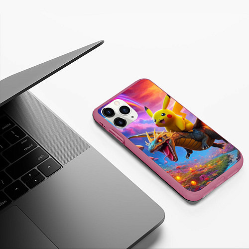 Чехол iPhone 11 Pro матовый Пикачу летит на драконе среди грибов / 3D-Малиновый – фото 3