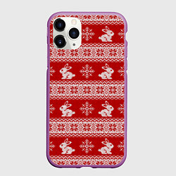 Чехол iPhone 11 Pro матовый Вязаный зимний узор с зайчатами, цвет: 3D-фиолетовый