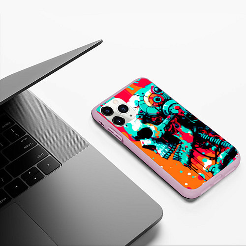 Чехол iPhone 11 Pro матовый Cyber skull sketch - ai art fantasy / 3D-Розовый – фото 3