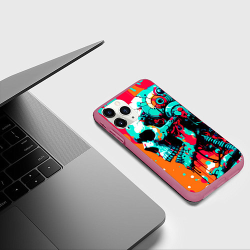 Чехол iPhone 11 Pro матовый Cyber skull sketch - ai art fantasy / 3D-Малиновый – фото 3
