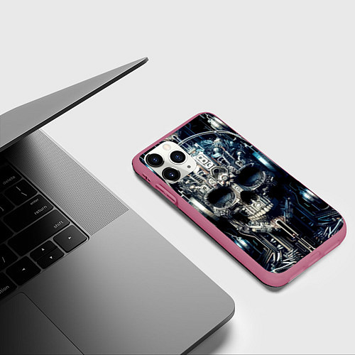 Чехол iPhone 11 Pro матовый Кибер череп в наушниках - нейроарт / 3D-Малиновый – фото 3