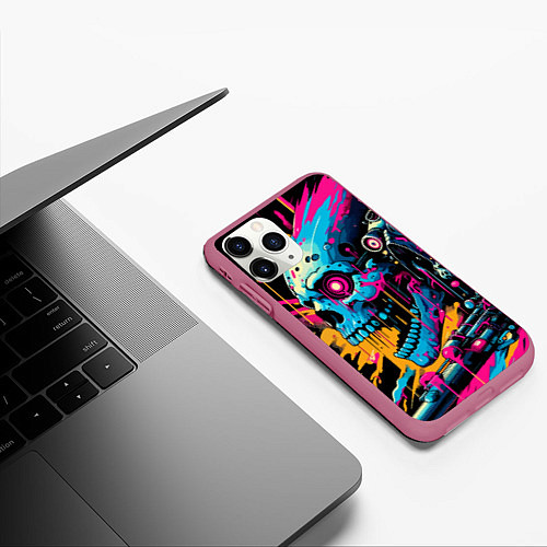 Чехол iPhone 11 Pro матовый Cool cyber skull - ai art / 3D-Малиновый – фото 3