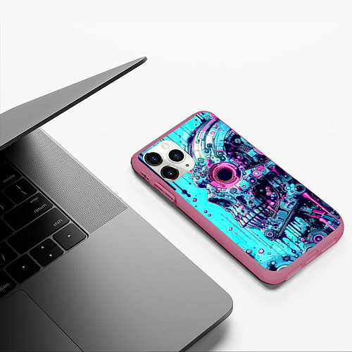 Чехол iPhone 11 Pro матовый Cyber skull - blots sketch / 3D-Малиновый – фото 3