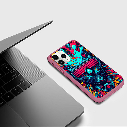 Чехол iPhone 11 Pro матовый Cyber dude with glasses - blots / 3D-Малиновый – фото 3