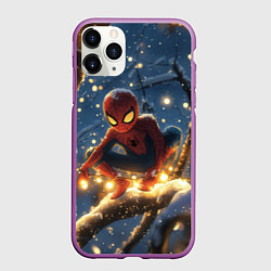 Чехол iPhone 11 Pro матовый Человек-паук на новогодней елке, цвет: 3D-фиолетовый