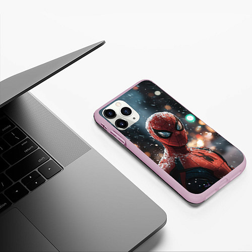 Чехол iPhone 11 Pro матовый Spider man на фоне снегопада / 3D-Розовый – фото 3