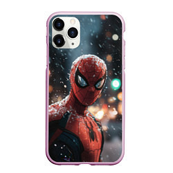 Чехол iPhone 11 Pro матовый Spider man на фоне снегопада, цвет: 3D-розовый