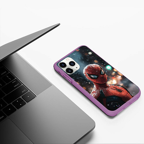 Чехол iPhone 11 Pro матовый Spider man на фоне снегопада / 3D-Фиолетовый – фото 3