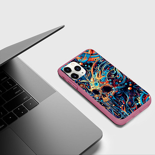 Чехол iPhone 11 Pro матовый Фантазийная композиция с черепом / 3D-Малиновый – фото 3