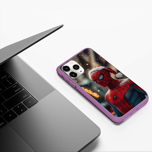 Чехол iPhone 11 Pro матовый New year Spider-man / 3D-Фиолетовый – фото 3