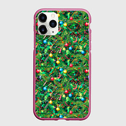 Чехол iPhone 11 Pro матовый Разноцветные шары на ёлке, цвет: 3D-малиновый