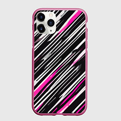 Чехол iPhone 11 Pro матовый Диагональные розово-белые полосы на чёрном фоне, цвет: 3D-малиновый