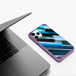 Чехол iPhone 11 Pro матовый Синие диагональные полосы на чёрном фоне, цвет: 3D-фиолетовый — фото 2