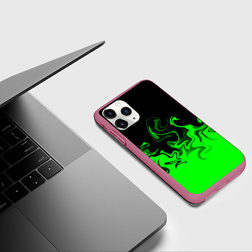 Чехол iPhone 11 Pro матовый Абстрактный зеленый огонь / 3D-Малиновый – фото 3